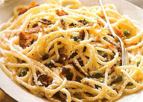 Спагетти с беконом  и горошком с фото